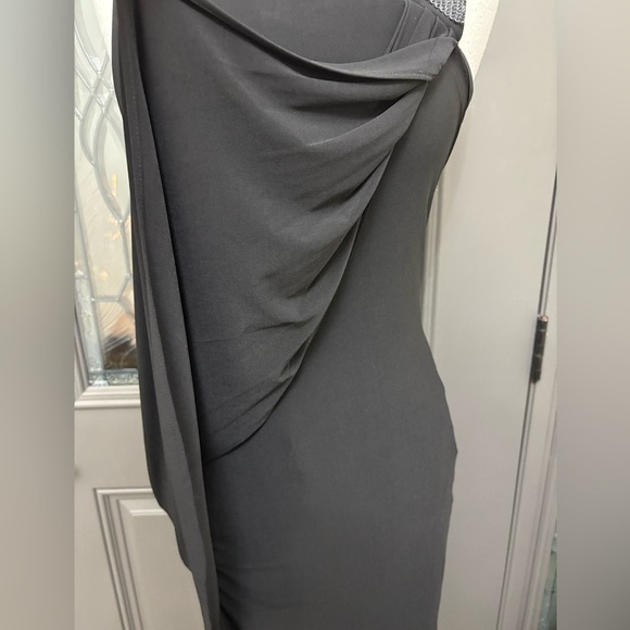 Karina Black Draped One Shoulder Rhinestone Dress - Picture 11 of 15